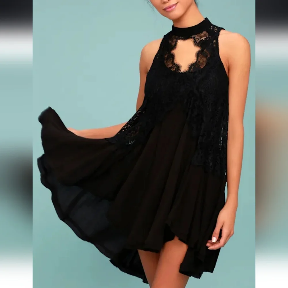 Free People Tell Tale Heart Tunic Mini Dress Swingy Sheer Lace Cutout Blac S NWT - Picture 12 of 16